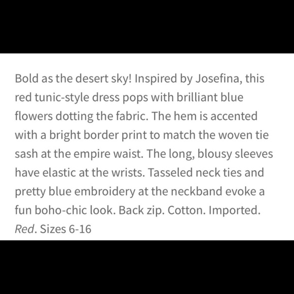 American Girl desert flower red boho tassel tunic dress size 7 Josephina - Picture 6 of 7